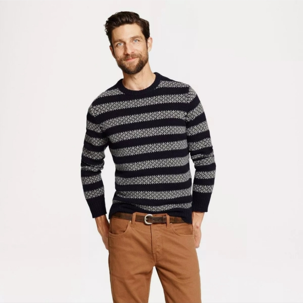 J. Crew Striped Crewneck Sweater Lambswool Blue Grey Fair Isle Preppy Me…